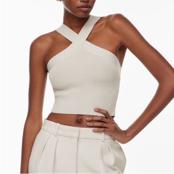Aritzia Babaton Sculpt Knit Criss Cross Cream Crop Top - Picture 2 of 7